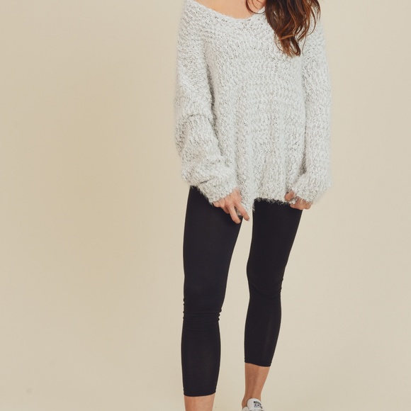 Fuzzy Sweater Top Deep V Neck - Picture 5 of 5